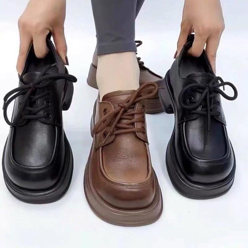 Women's Shoes New Platform Height-Increasing Leather Shoes Round Toe Lace-up Soft Bottom Loafers British Style Single-Layer Shoes