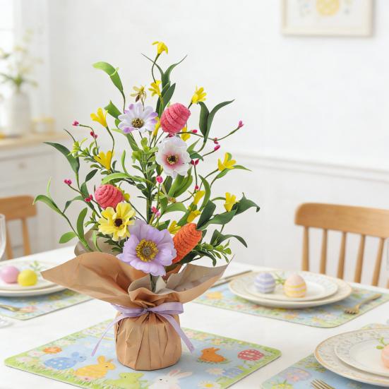 Искусственные пасхальные горшечные растения 16,5" Дерево с пасхальными яйцами Настольные украшения с морковками из синельной проволоки Искусственные цветы для каминной полки Дома Весенний декор