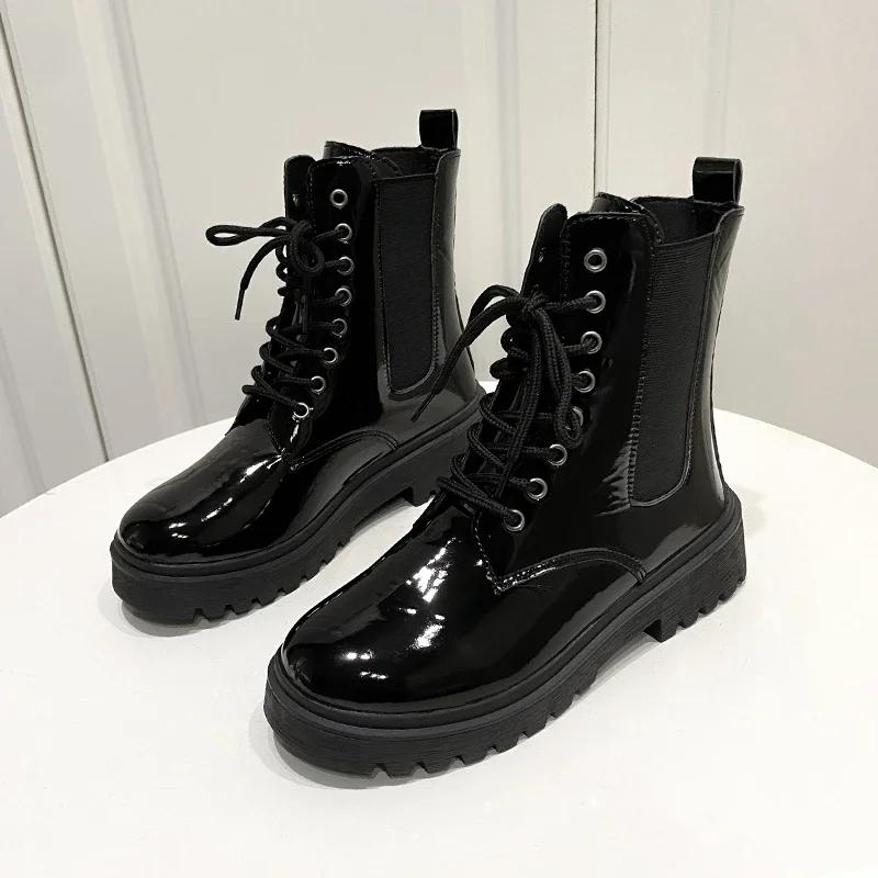 Мода Женщины 2024 Весна Осень Новые Короткие Ботильоны Леди Водонепроницаемые На Шнуровке Черные Ботинки Студенты Повседневные Толстый Каблук Рыцарские