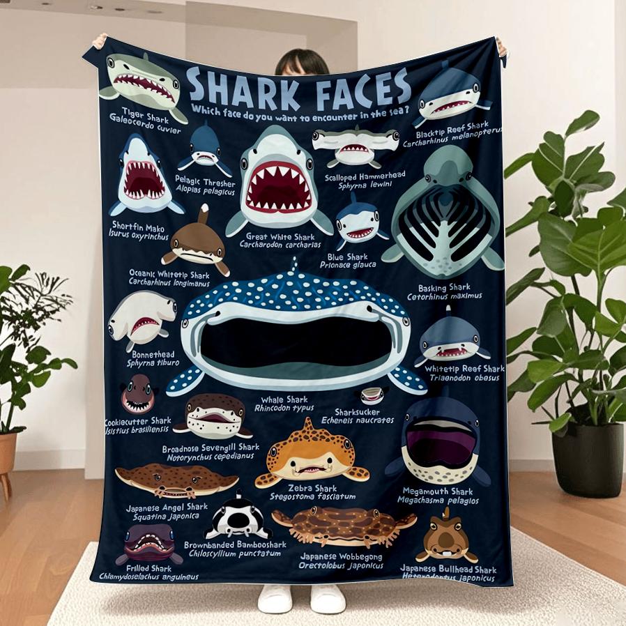 Multipurpose for Travel, Camping, Sofa - Coastal Style, Animal Theme PrintedShark Faces Flannel Throw Blanket