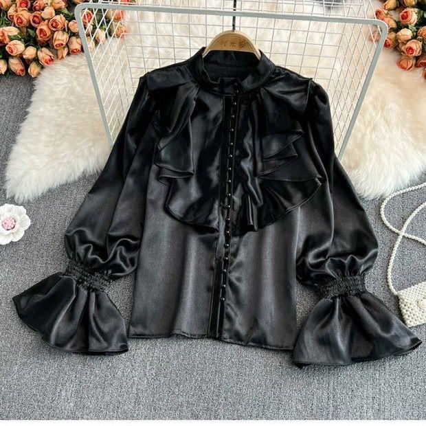 Винтажные однотонные блузки Женские Элегантный ацетатный сатин Воротник-стойка Дизайн рукавов-клеш Новые Шикарные Милые Свободные оборки Женские Топы