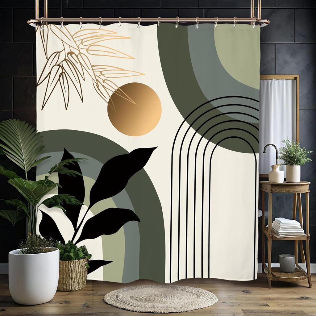 Abstract Leaves Shower Curtain Set Emerald Green Modern Tropical Mid Century Simple Minimalist Chic Polyester Waterproof Cloth