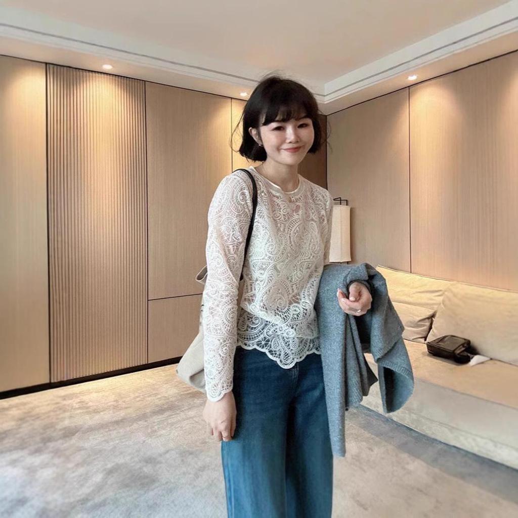 Women's High-End French Lace Cardigan - Hollow-Out Long Sleeve, Spring 2025 Trend, Versatile Layering Top