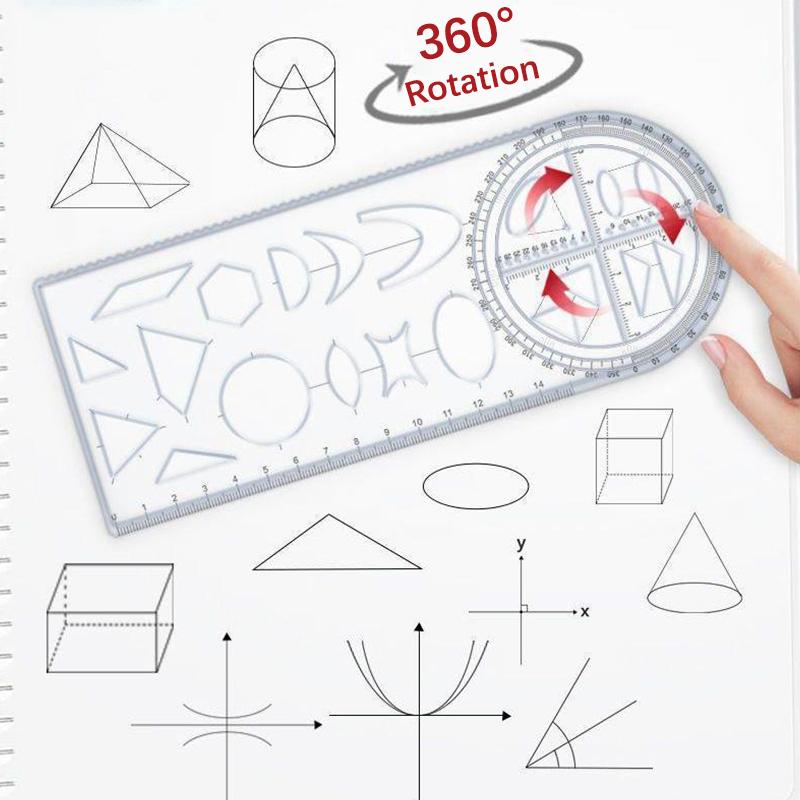 1Pcs Multi Functional 360 ° Movable Geometric Drawing Ruler For Primary School Mathematics Students Portable Transparent 3D Flat