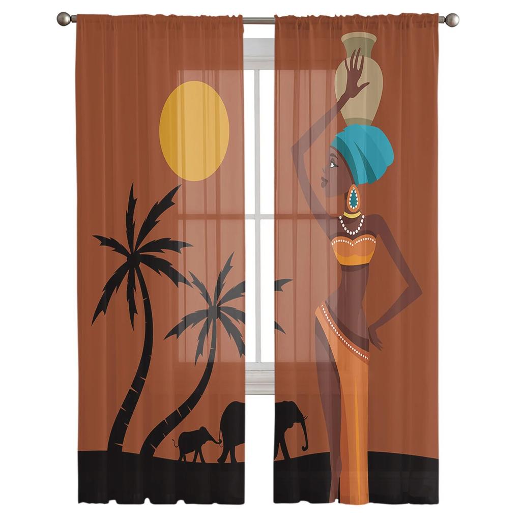 Africa Tribe Women Sunset Tulle Curtains Living Room Kitchen Chiffon Curtain Bedroom Balcony Sheer Curtain Fashion Home Decor