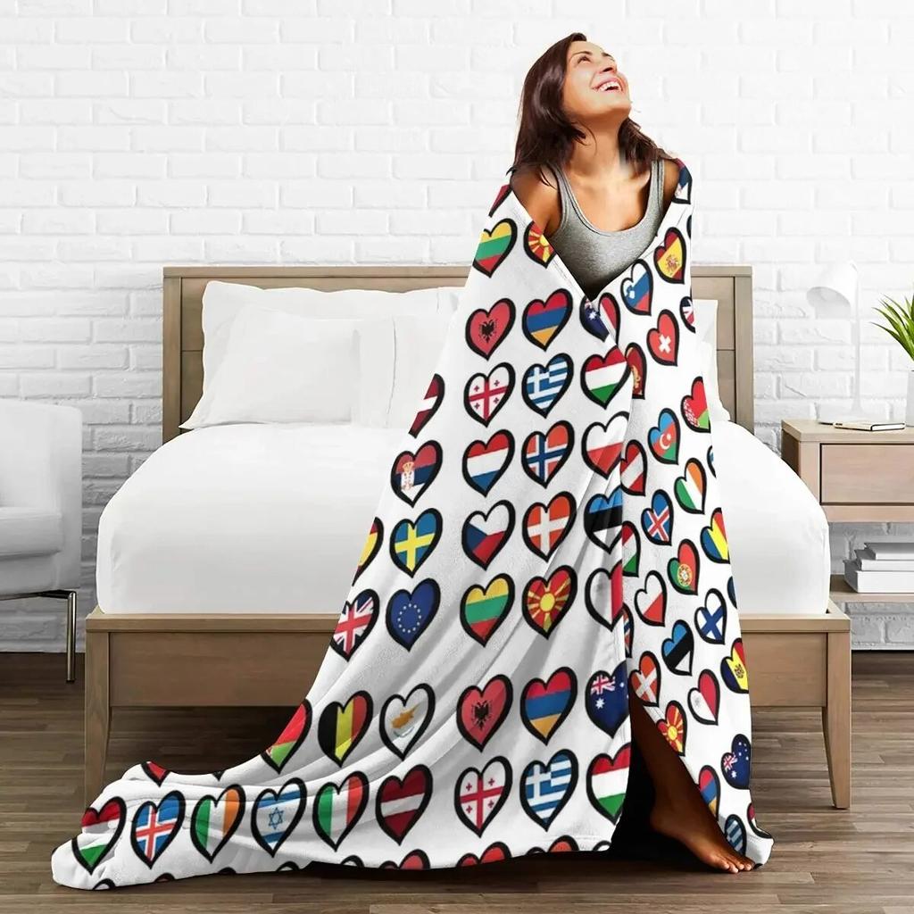 Eurovision Song Contest Flags Hearts Blanket Soft Warm Flannel Throw Blanket Bedspread for Bed Living Room Picnic Travel Home
