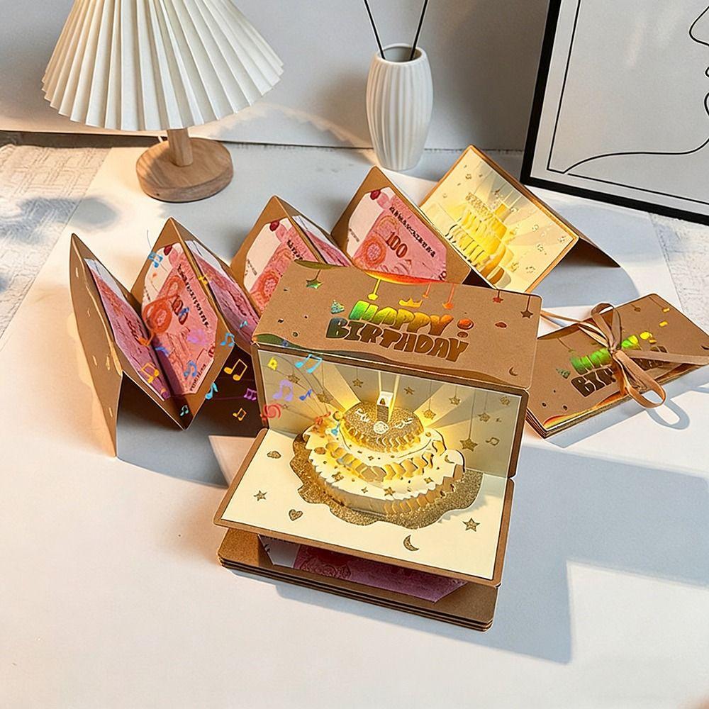 3D pop-up красная конверт-открытка на день рождения 6 кармашков для карт Складная музыкальная открытка со светом Красная золотая конверт-открытка на день рождения