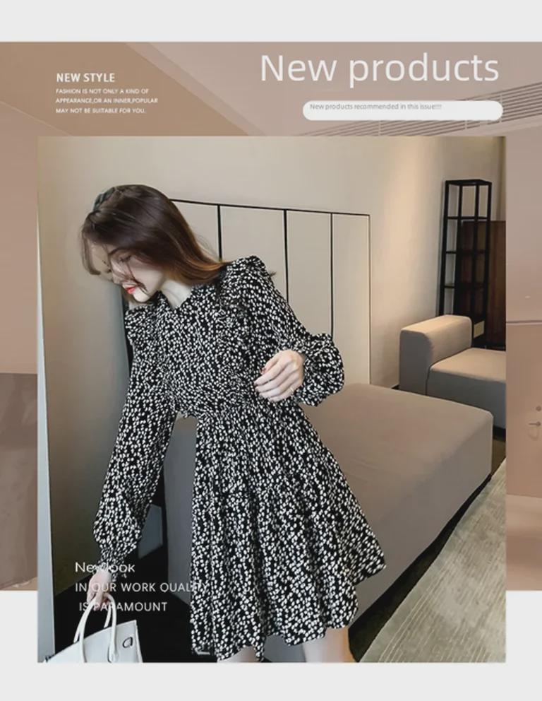 Женское чайное платье в стиле ретро с французским цветочным принтом 2024 года: Весна/Осень, узкая талия, длинный рукав