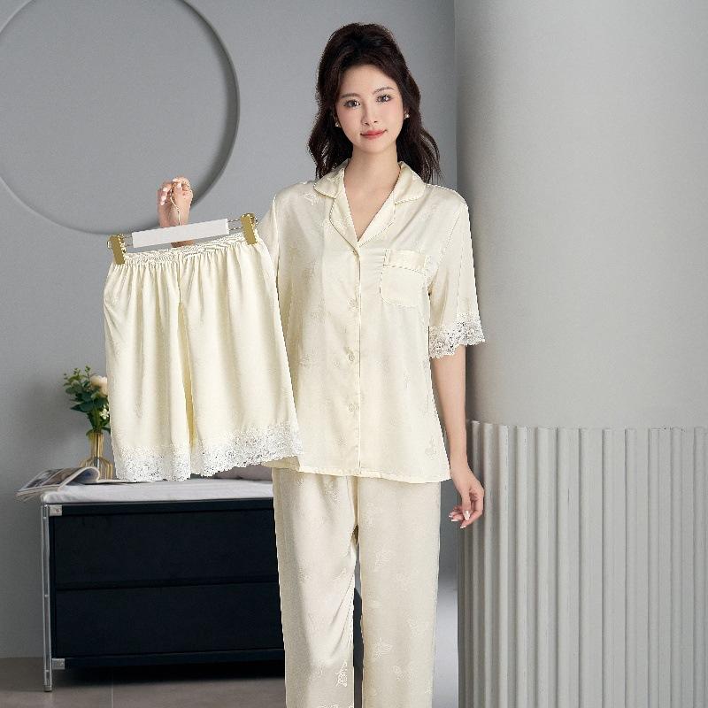 New ice silk pajamas women's spring and summer short-sleeved trousers jacquard simple suit high-end cardigan three-piece loungewear