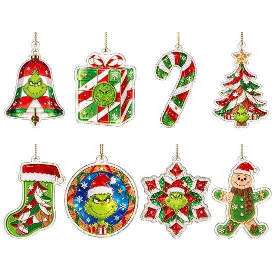 Stained Glass Style Decor Green Elf Christmas Ornament, 2D Acrylic Red Bell Tree Candy Cane Gift Box Xmas Hanging Charms Shaped Double Sided