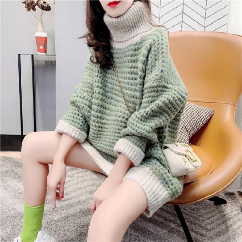 Женский свитер с высоким воротником на осень и зиму, свободный корейский свитер в западном стиле средней длины, пуловер, женский топ