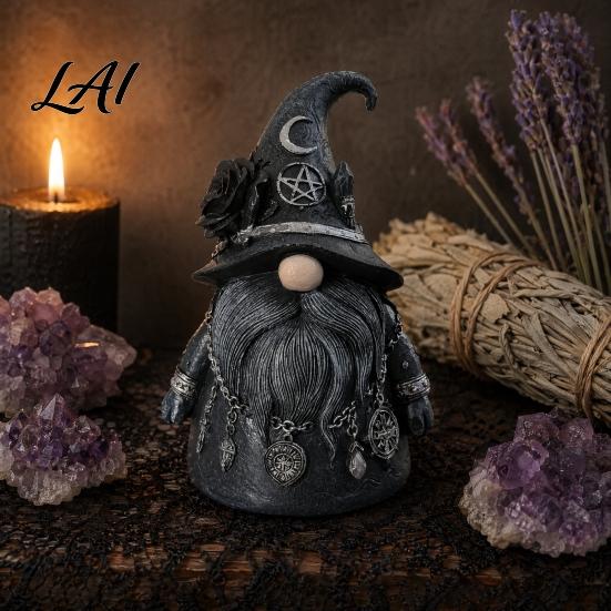 Faceless Gnome Statue Wizard Hat Figurine Mystical Home Decor with Crescent Pentagram Black Rose Mysterious Atmosphere Rune Pendant Vintage Desktop