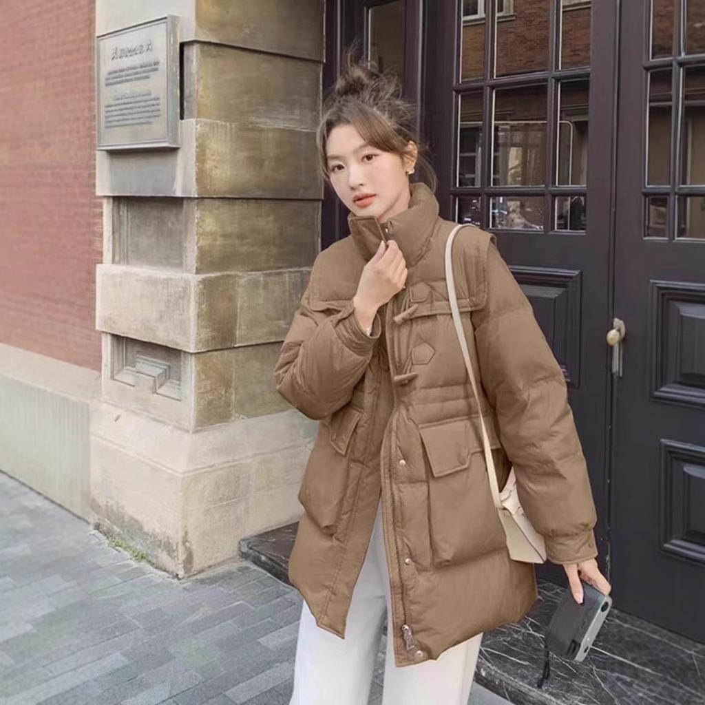Пуховик женский в иностранном стиле зимний новый средний и длинный белый утиный пух большой карман модный универсальный свободный утолщенный пальто