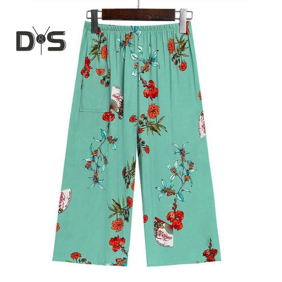 2 Pcs/Set Women Vest Pants Set Flower Print Round Neck Sleeveless Loose Pleated Elastic Waist Wide Leg Casual Homewear Mid Aged Mother Pajamas Set