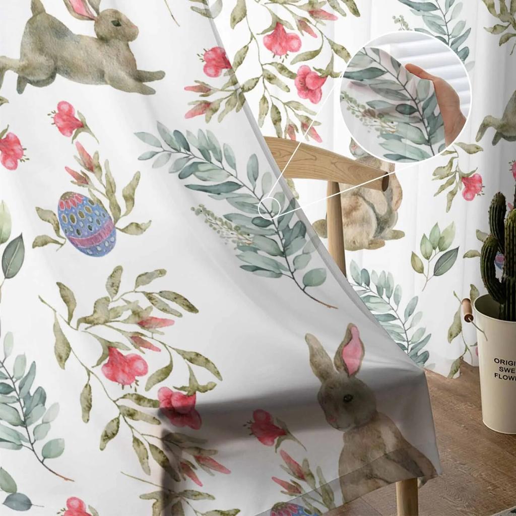 Watercolor Rabbit Flowers Easter Spring Sheer Curtains For Living Room Kitchen Window Curtains Bedroom Tulle Voile Curtains