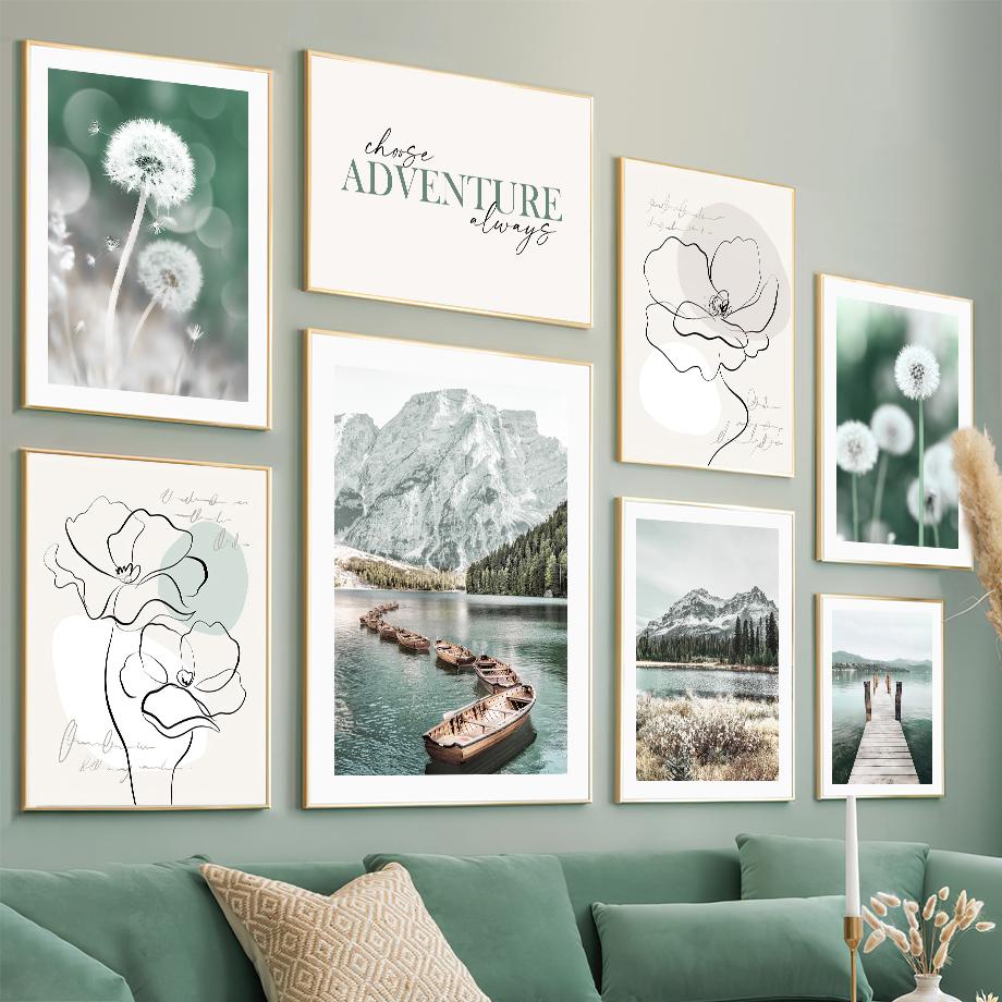 Картина на холсте Лето Зеленое озеро Лодка Цветок одуванчика Абстрактные скандинавские постеры и принты Декор для дома Настенные художественные картины