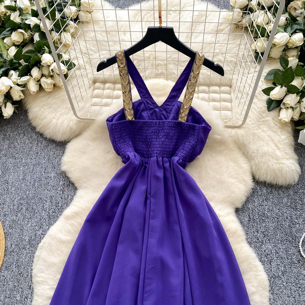 Summer Women Sexy Purple Strapless Open Back Sequined Beading Long Midi Holiday Beach Dress