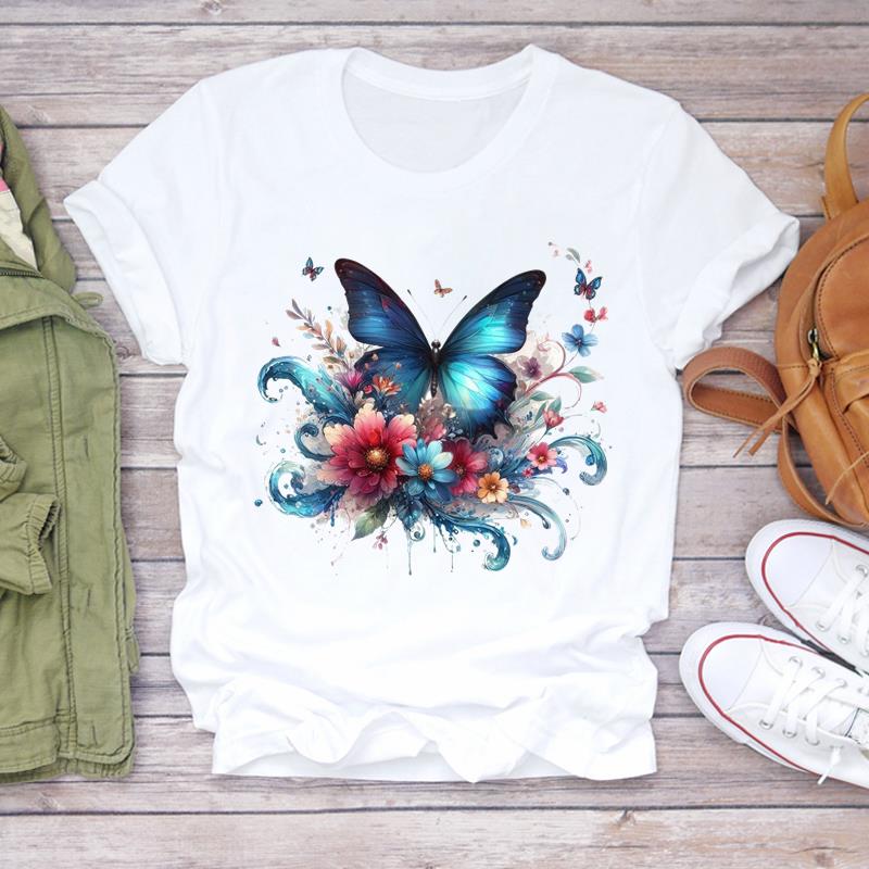 (Asian Size) Print Lady T Shirt Fashion Love Sweet Flower Cute Women Clothing Casual Top Short Sleeve Tee Female Graphic T-shirts
