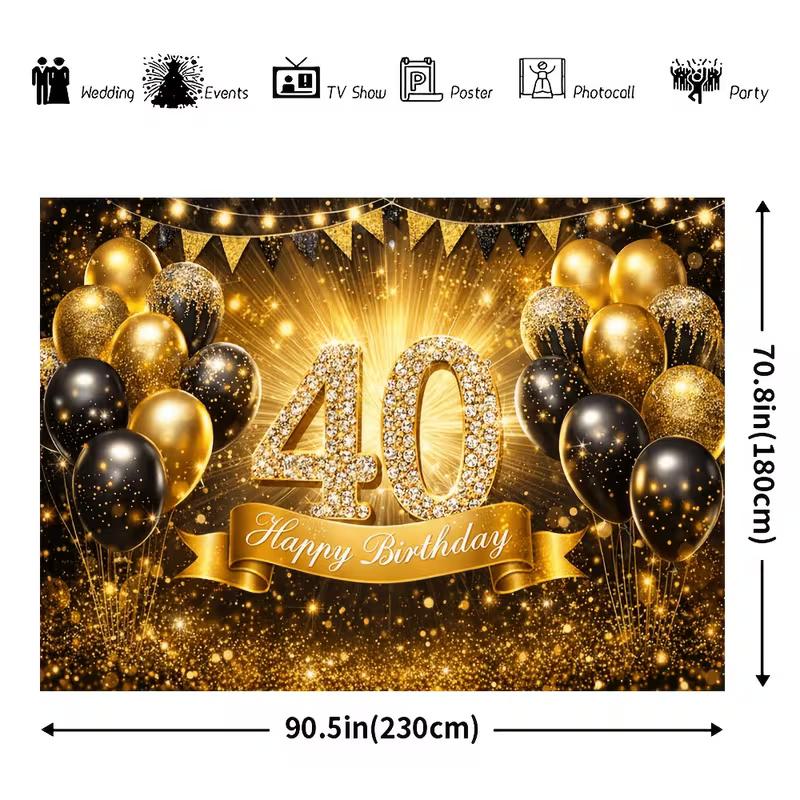 2D 40th Birthday Backdrop Black Gold Balloon and Diamond Number 40 Photography Background