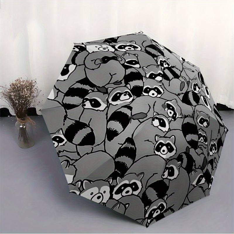 1pc Raccoon Pattern Automatic Open/Close Umbrella - Compact Travel Umbrella, 8-Rib Heavy-Duty Construction, Ideal Gift, Outdoor Accessory046