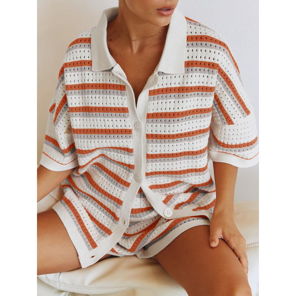 Трикотажные женские шорты из двух частей, комплекты домашней одежды, комплекты в полоску, контрастные цветные пуговицы, вязаные крючком топы и шорты, подходящие комплекты