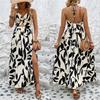 Women's Summer New Style Hollow Twisted Pleated Halter Printed Dress Temperament Romantic Beach Casual Long Skirt