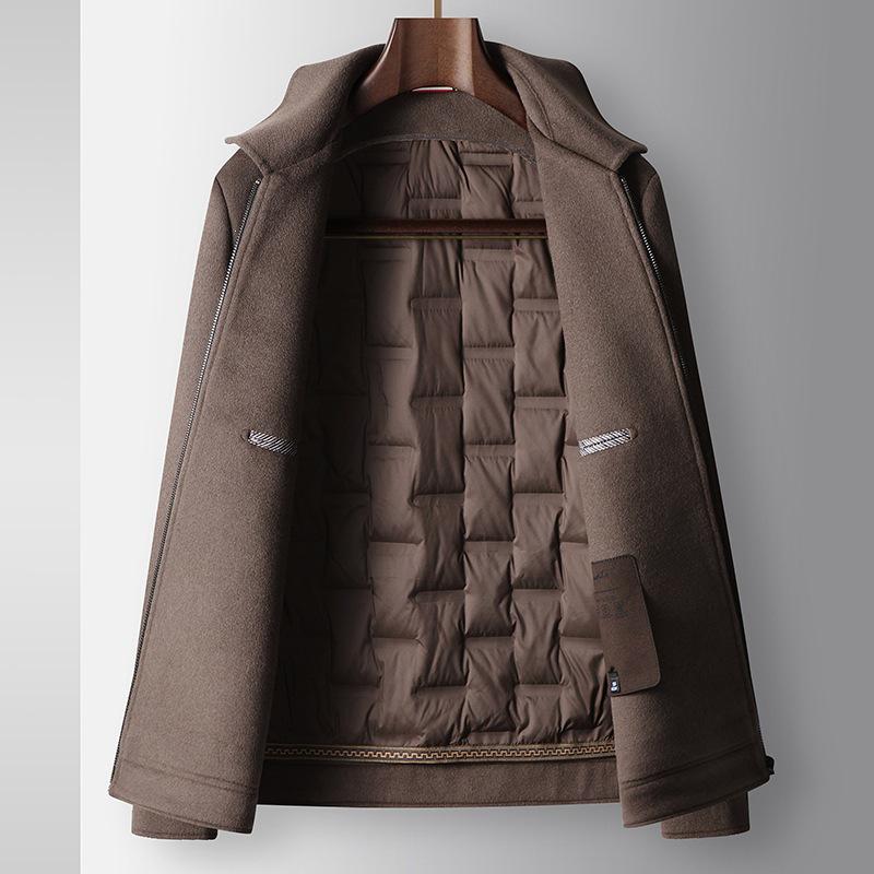 Men's 2025 Short Lapel Wool Jacket with Detachable Goose Down Liner - Light Luxury for Middle-aged & Youth, Warm Business Outerwear