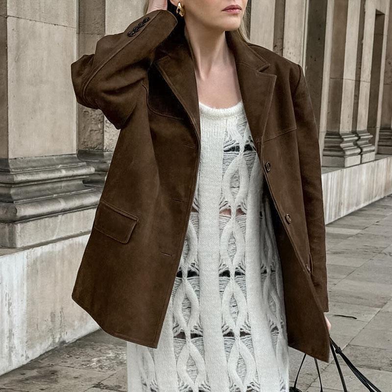 Vintage Suede Jackets Female Casual Loose V Neck Single Breasted Coats Female 2024 Autumn Winter Fashion Solid Outwears Lady