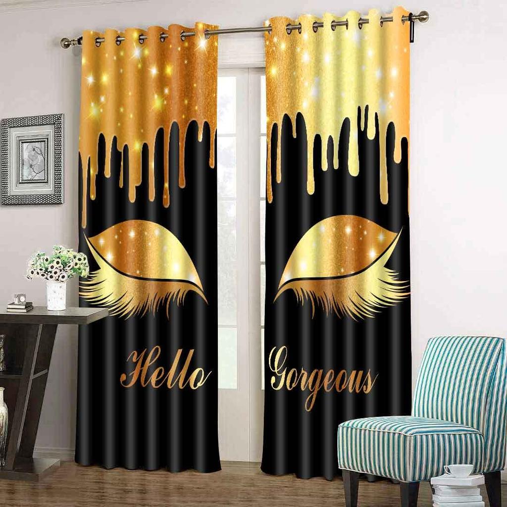 Luxury Thin Shading Window Curtains for Living Room, Girl Eyelash Eyebrow, Cheap 3D Print, Bedroom Decoration On Sale, 2 Pieces