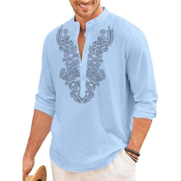 Мужская короткая курта из смесового хлопка с длинными рукавами и этническим дизайном горловины | Повседневная курта с мятой текстурой и воротником-стойкой