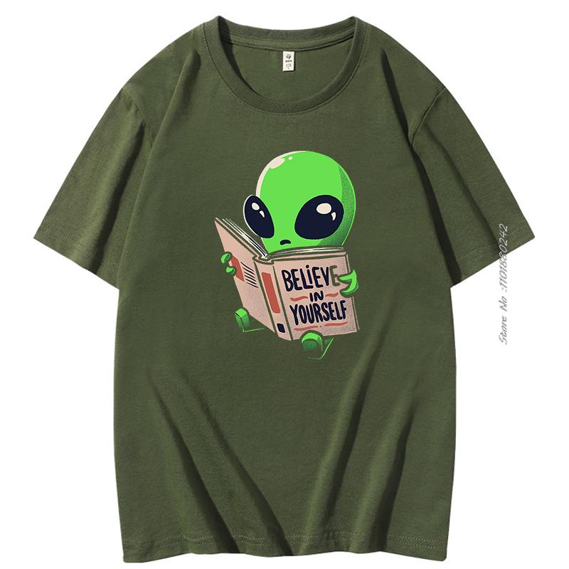 Believe In Yourself Alien Is Reading Graphic Tshirt Unisex Soft Casual Tops Unisex Oversized Funny Short Sleeve Cotton Tshirt