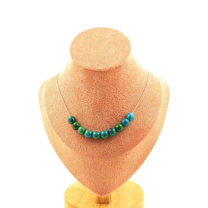 Pierres et Minéraux. Collier 10 perles Chrysocolle Teintée 8 mm. Chaine en acier inoxydable Collier femmes, hommes. Taille personna