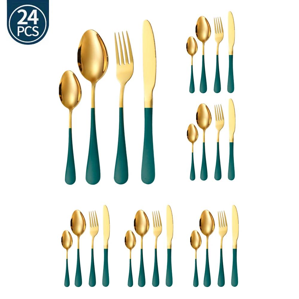 24Pcs Green Gold Tableware Set Stainless Steel Cutlery Kitchen Dinnerware Knife Fork Spoon Restaurant Wedding Flatware Set