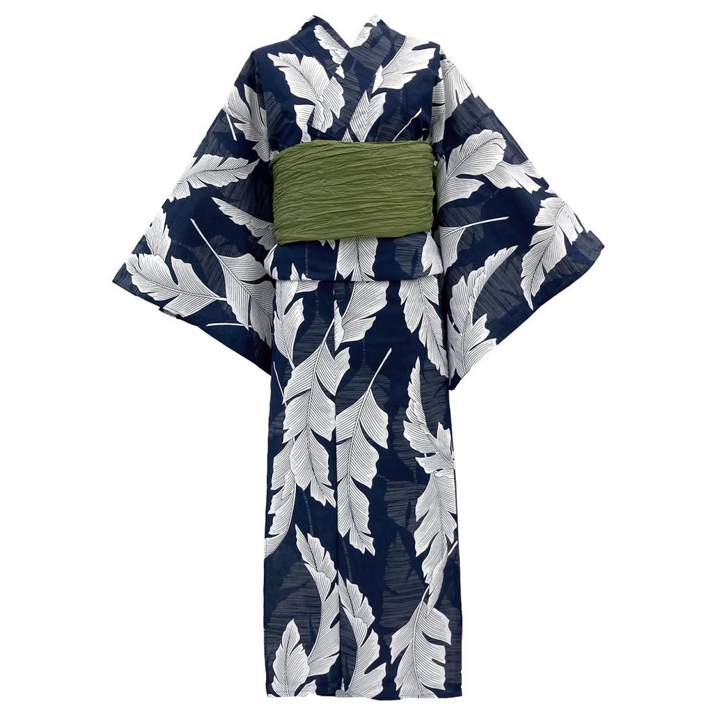 Kyoto Kimono Yuzen Yukata and Obi Set (2 Pieces) Navy Blue with Leaf and Banana Patterns, Classic Retro Style