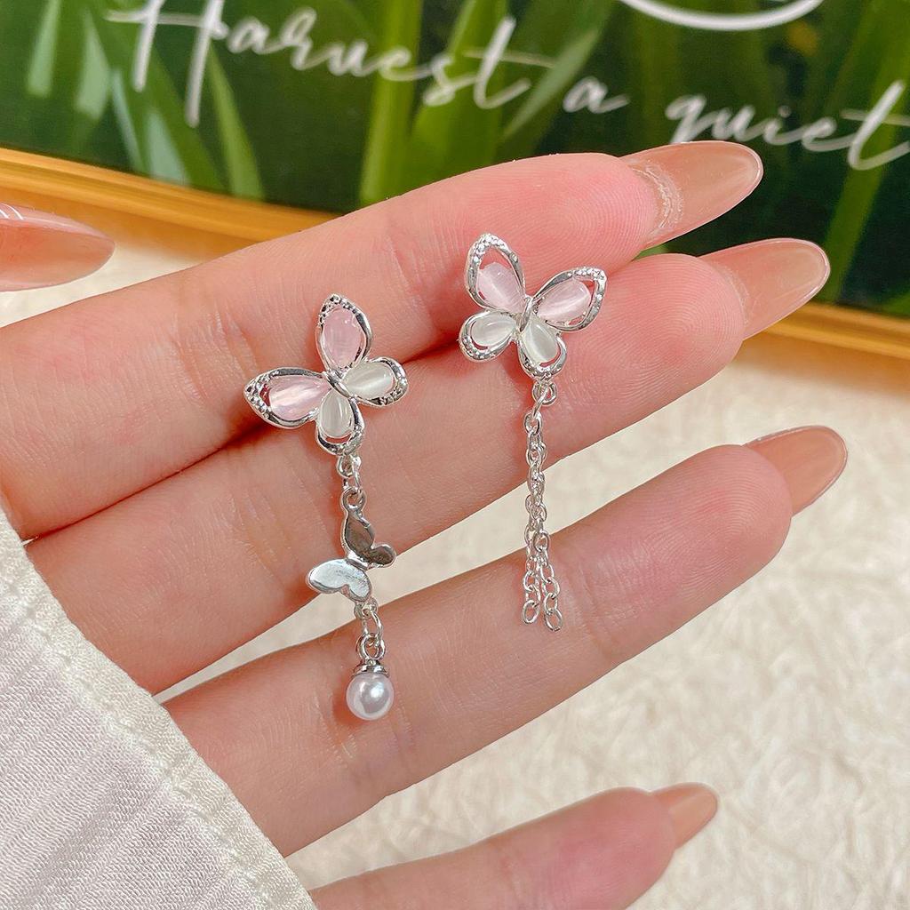 Серьги-кисточки «Летняя бабочка» с кошачьим глазом: Асимметричный розовый и голубой дизайн с серебряной иглой для женщин