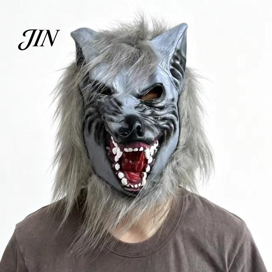 Realistic Latex Headgear Halloween Werewolf Full Head Mask, Wolf Cosplay with Creepy Costume Mask Fur, Party Haunted House Prop, Adjustable