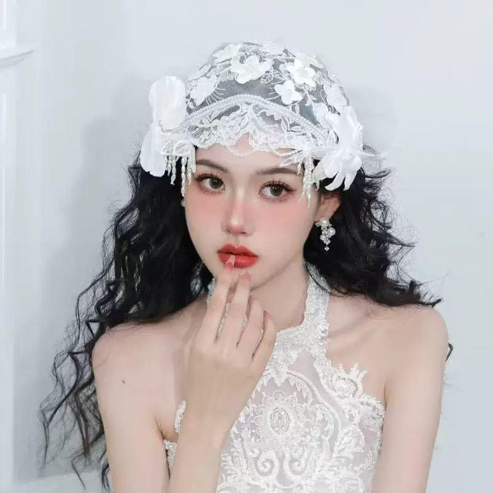 Pearls Beads Bride Headdress White Wedding Headwear Elegant Bridal Hat  Hair Jewelry