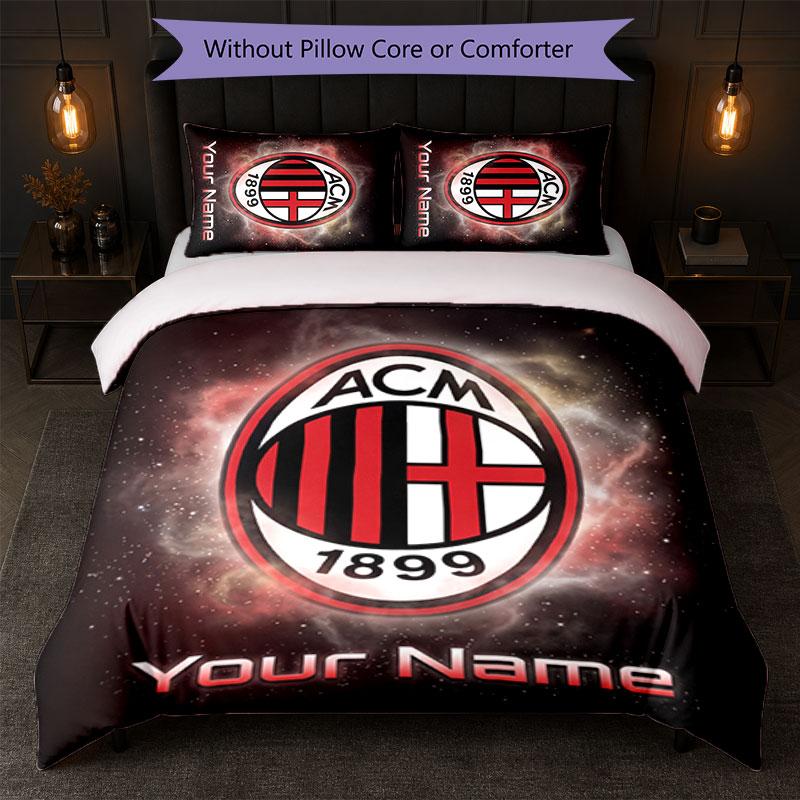 AC Milan Custom Name Text Bedding Set 1 Duvet Cover+2 Pillowcases Soccer Logo Personalized Gift For Special Occasion Bedroom Decor