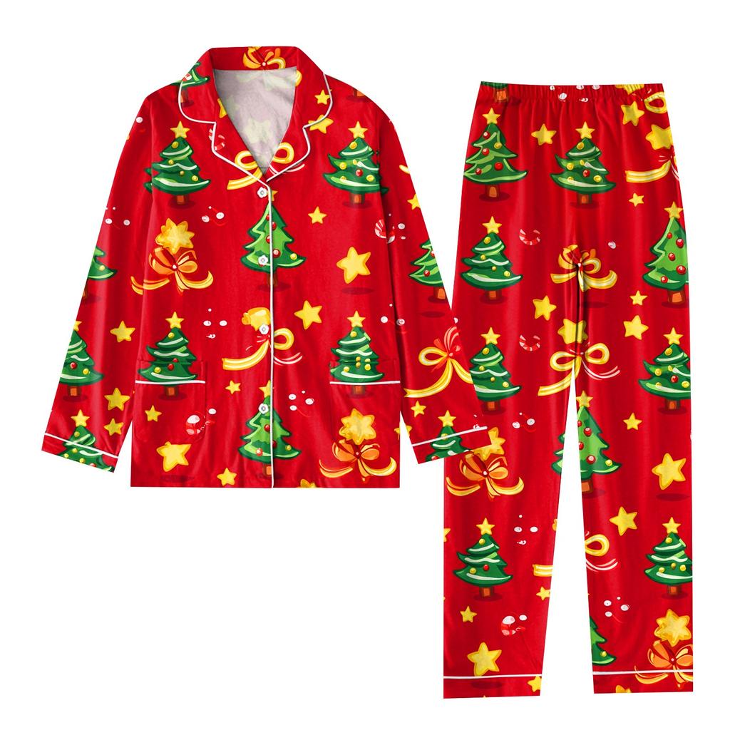 Детский рождественский костюм из 2 предметов с принтом, топ с длинными рукавами и застежкой на пуговицы, широкие брюки, комплект пижамы, домашний повседневный костюм
