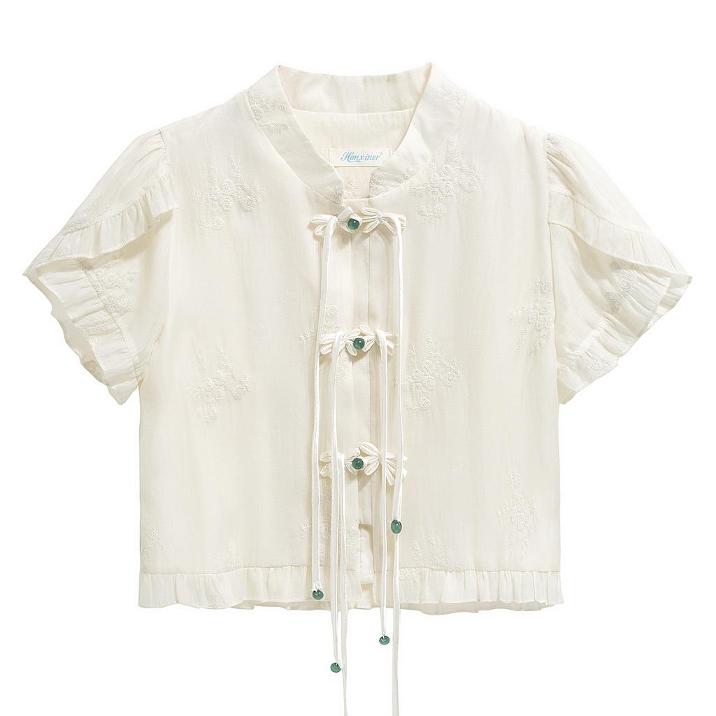 Модная новинка, летняя шифоновая блузка в китайском стиле с коротким рукавом и воротником-стойкой, с вышивкой, женская рубашка J388