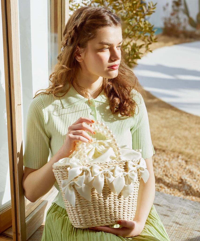 Maison de Fleur Сумка женская черная, плетеная корзина с ручкой-жемчужиной и кукурузной лентой,