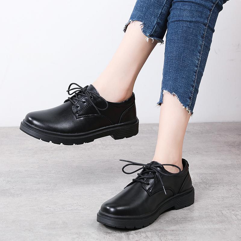 Spring British Style Student Girl Leather Shoes Full Black Office Business Lace Up Women Oxford
