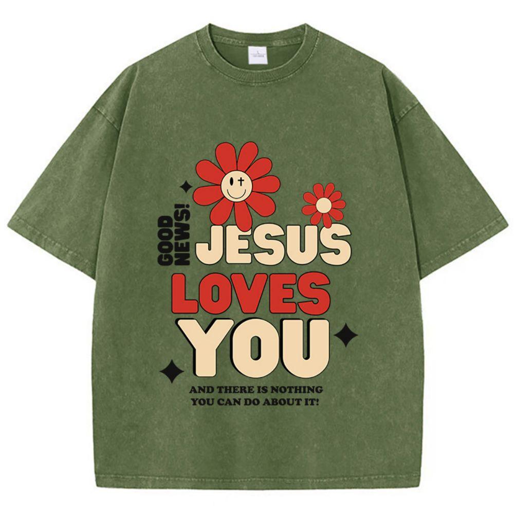 Woman Cotton Washed T-Shirts Good News Jesus Loves You Letter Graphic Print Short Sleeve Loose O-Neck Tops Summer Female Clothes