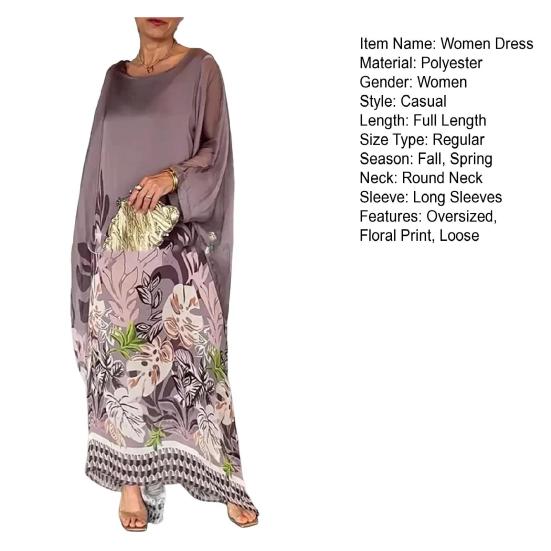 Fall Spring Women Dress Oversized Floral Printing Color Matching Robe Type Long Bat Sleeves Round Neck Irregular Hem Pullover Party Dating Maxi Dress