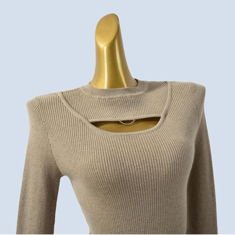 Soft Glutinous Inner Wear Spring and Autumn Sunken Stripe Silm Long Sleeves Pure Color Knitting Woolen Sweater Cut Out Stylish Women's Clothing