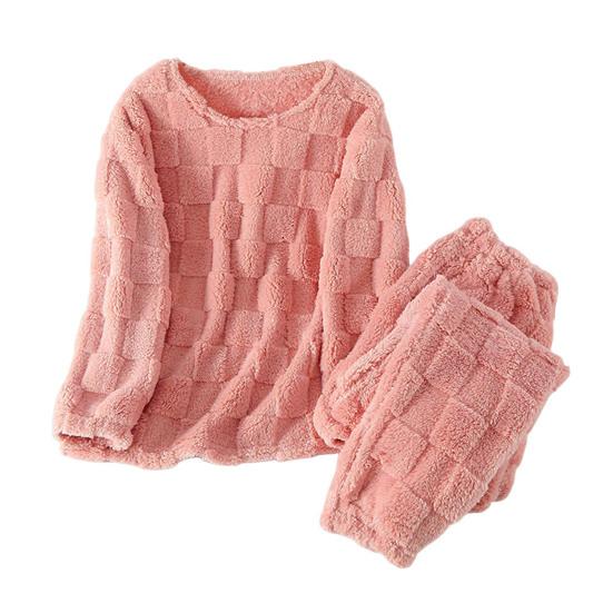 2 Pcs/Set Winter Pajamas Set Thickened Coral Fleece Checked Texture Round Neck Long Sleeves Top Wide Leg Elastic Waist Trousers Homewear Loungewear