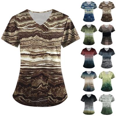 Женские топы с короткими рукавами и v-образным вырезом с принтом, рабочая блузка с карманами и принтом