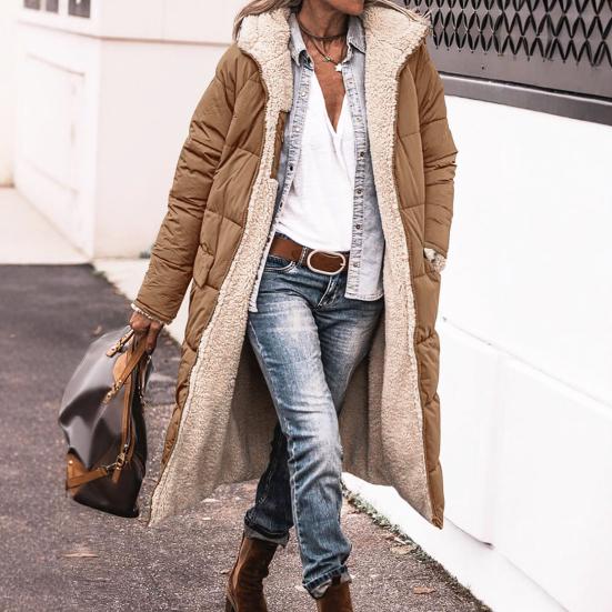 Women Winter Coat with Hood Padded Plush Lined Double-sided Wearable Outerwear Warm Large Pocket Zipper Closure Mid Length Overcoat