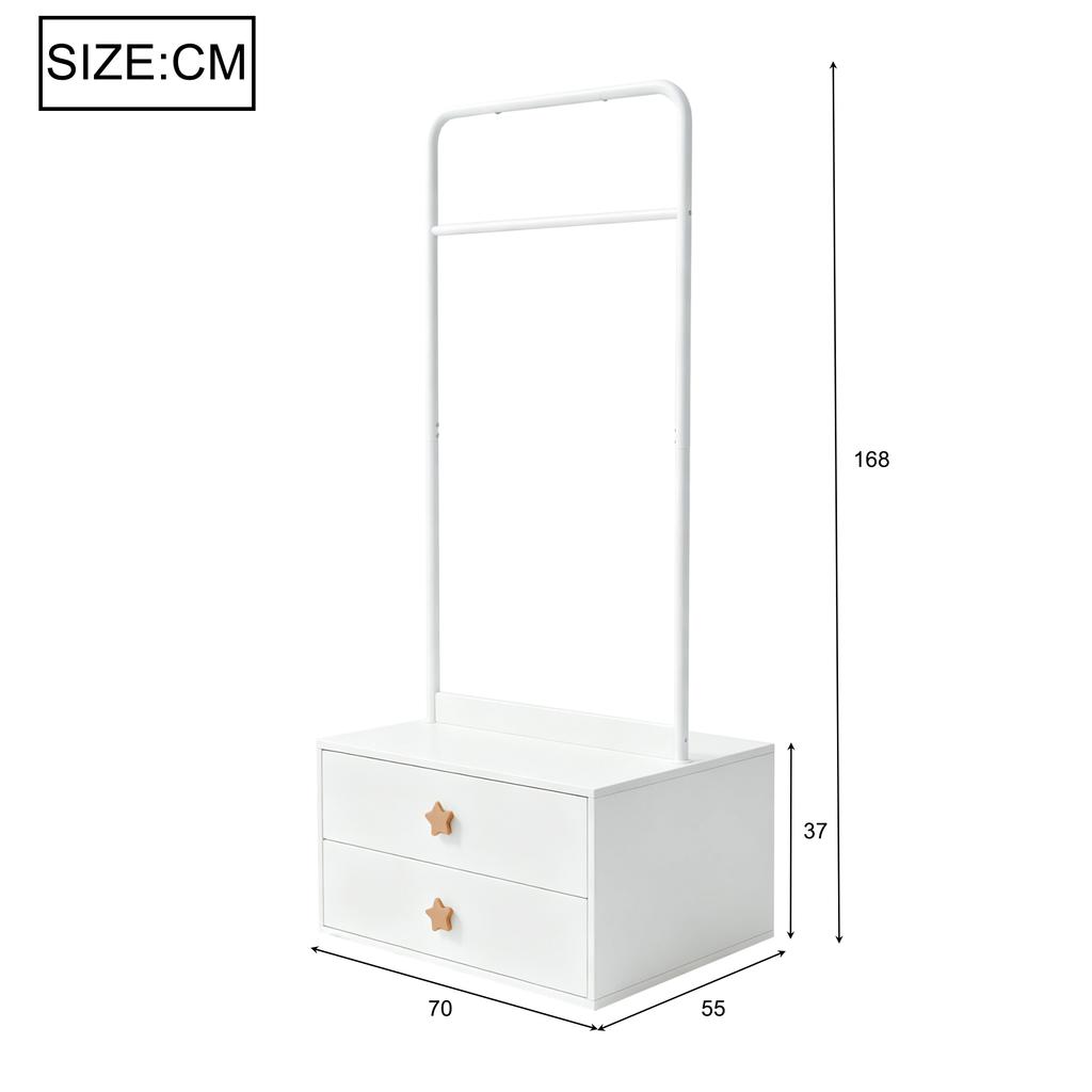 Coat rack 70 × 55 × 168, with 2 drawers, star-shaped handles and large clothes hooks, white