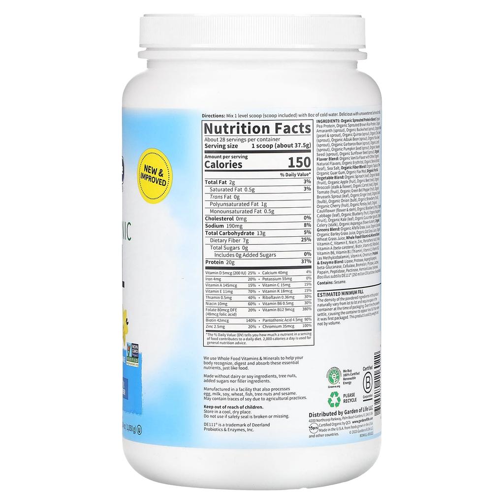 Raw Organic Meal, Shake & Meal Replacement, Vanilla, 969G (34.2Oz)